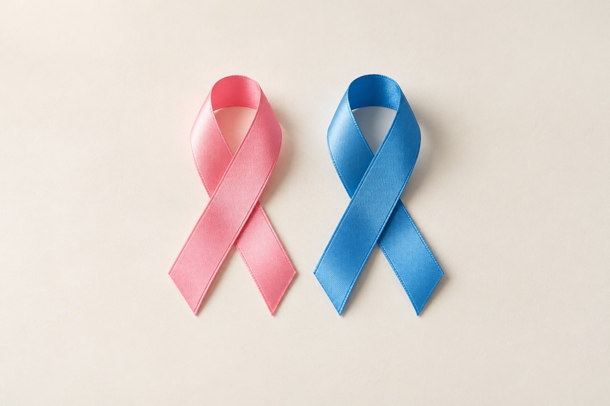 Laços rosa e azul representam as campanhas de conscientização Outubro Rosa e Novembro Azul.
