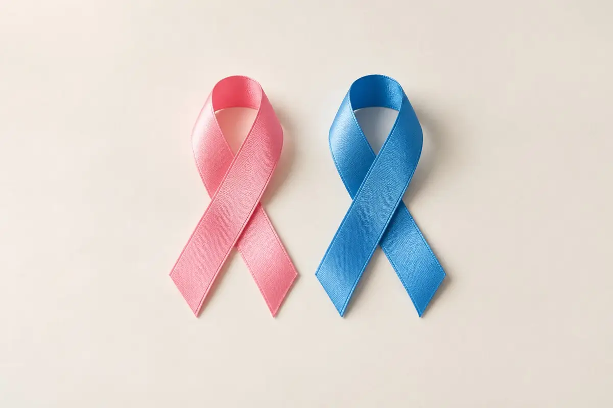 Laços rosa e azul representam as campanhas de conscientização Outubro Rosa e Novembro Azul.